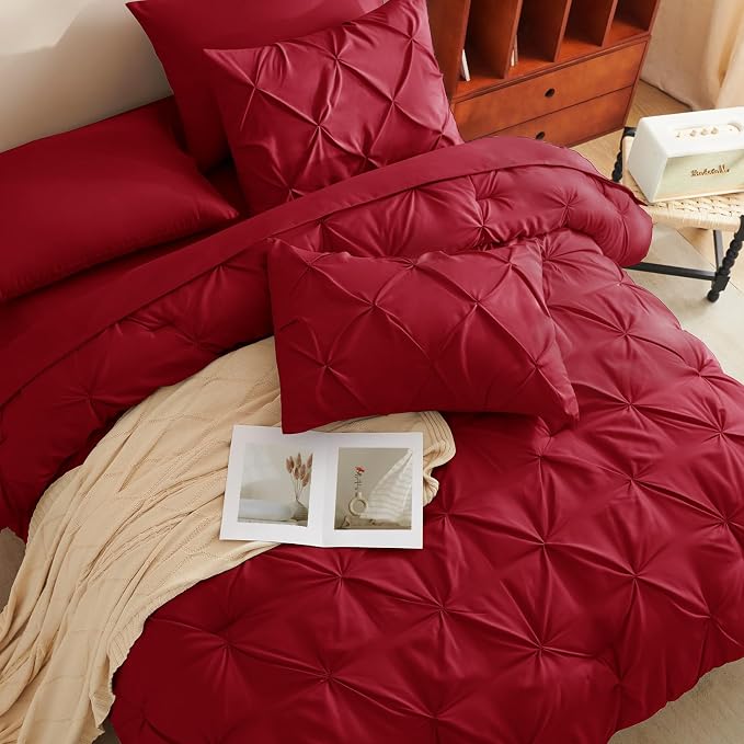 HIMEET Pintuck Bed in a Bag, 7 Pieces Full Size Comforter Set Dark Red - Image 4