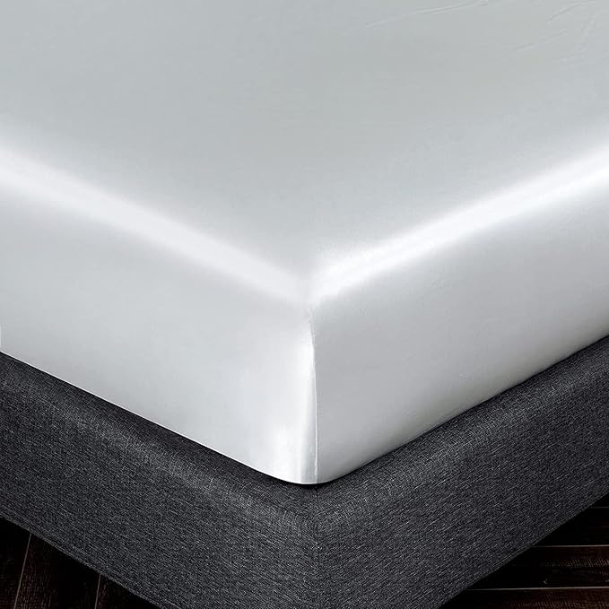 Homiest White Satin Fitted Sheet Twin Size, Deep Pocket, Luxury & Ultra Soft - Image 3
