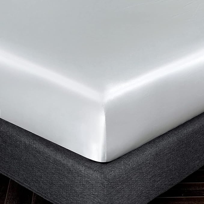 Homiest White Satin Fitted Sheet King Size, Deep Pocket, Luxury & Ultra Soft - Image 3