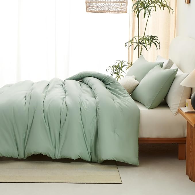CozyLux Full Size Comforter Set Sage Green, 3 Pieces Solid Breathable Quilted - Image 8