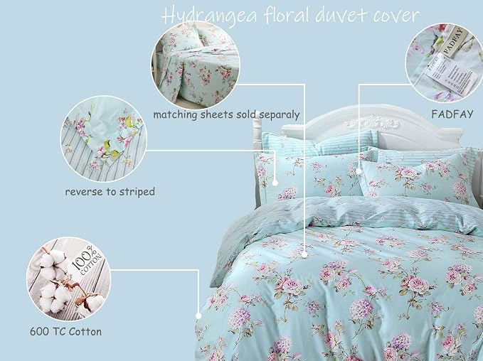 FADFAY Cotton Duvet Cover Set Full Size Blue Floral Bedding Set Super Soft - Image 2