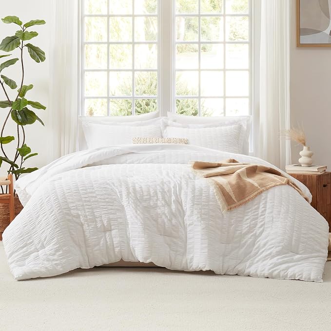 CozyLux King Size Comforter Set White Seersucker 7 Pieces Bed in a Bag King - Image 3