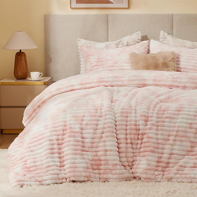 BEDELITE Fleece King Comforter Set -Super Soft & Warm Fluffy Pink&White Bedding by BEDELITE