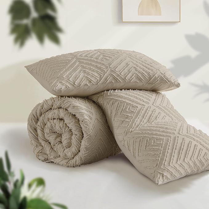 Andency Oatmeal Queen Comforter Set, Lightweight Fluffy Boho Bedding Comforter - Image 3