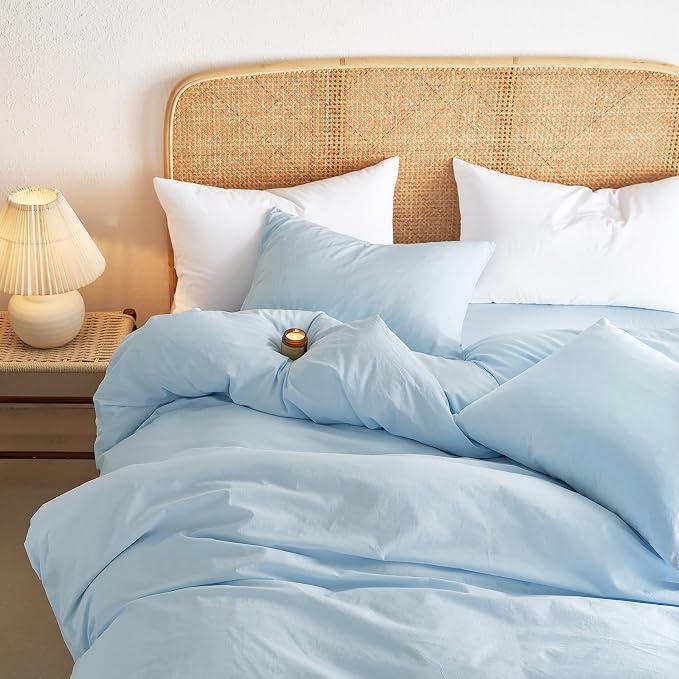 Wake In Cloud - Cotton Duvet Cover Set, Twin Size, Sky Blue, 100% Washed Cotton - Image 5