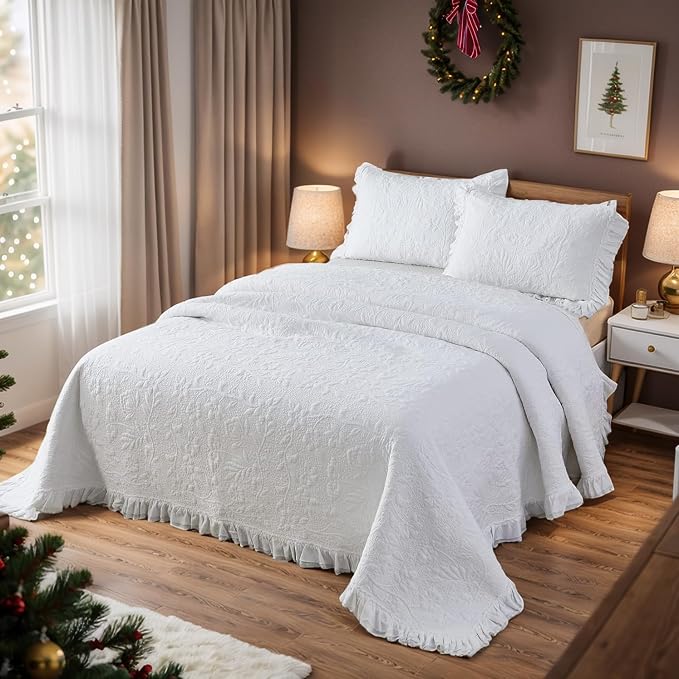 Brandream White Quilt Set Cotton Queen Size Shabby Chic Cottagecore Bedding - Image 2