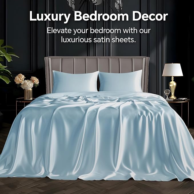 BEDELITE King Size Sheets Set, Luxury Soft Light Blue Satin Sheets - Image 2