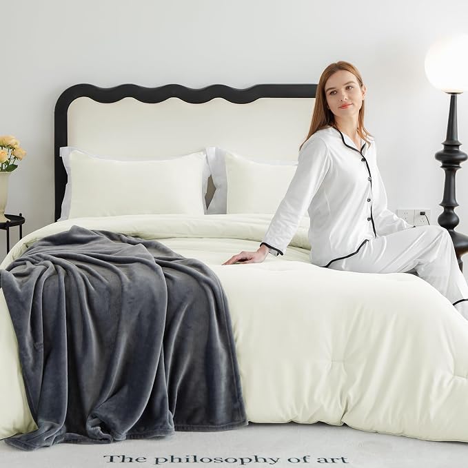 CozyLux Full Size Comforter Set Ivory, 3 Pieces Solid Breathable Quilted - Image 8