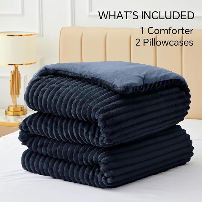 BEDELITE Fleece Queen Comforter Set -Super Soft & Warm Fluffy Navy Blue Bedding - Image 6