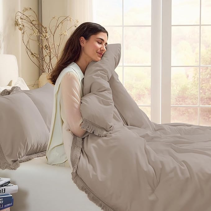 Andency Queen Comforter Set Khaki, 3 Pieces Boho Fall Tassel Lightweight - Image 5