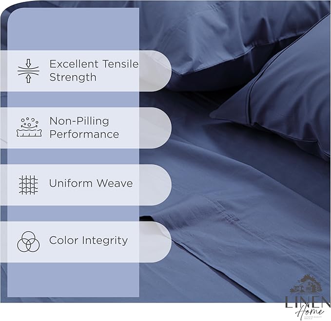 Linen Home 100% Cotton Percale Sheet Set, Full Size, Dark Blue, Deep Pocket - Image 2