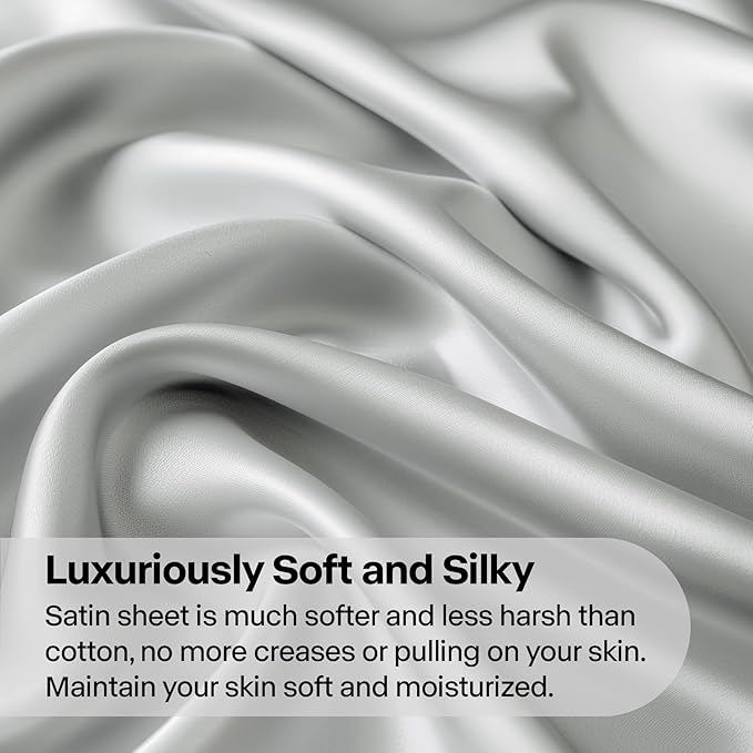 BEDELITE Satin Sheets Full Size Bed Set, Luxury Soft Grey Silky Sheets - Image 3