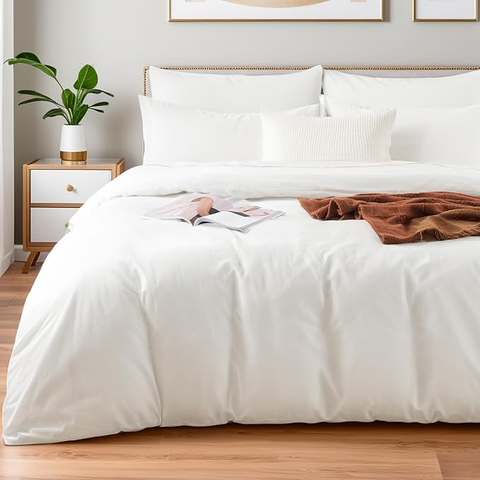 NEXHOME PRO Duvet Cover Set California King Linen Look Textured Cream White by NEXHOMEPRO