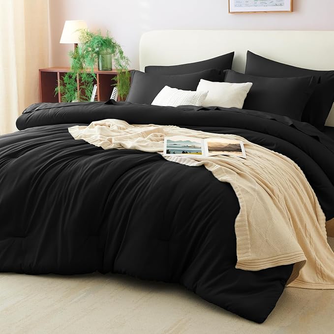 CozyLux King Comforter Set Black, 7 Pieces Bed in a Bag Soft Bedding Comforter by CozyLux