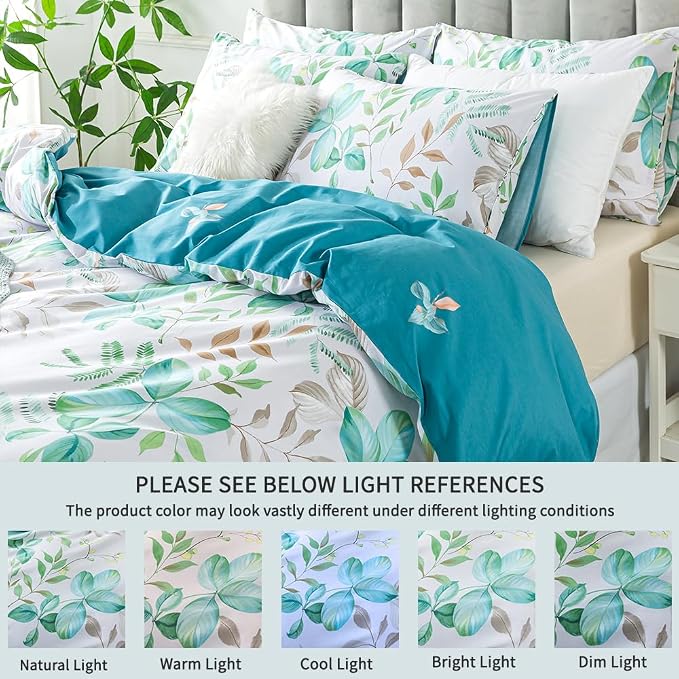 FADFAY Botanical Duvet Cover Sets Twin Size 100% Cotton Teal Green Leaves - Image 2