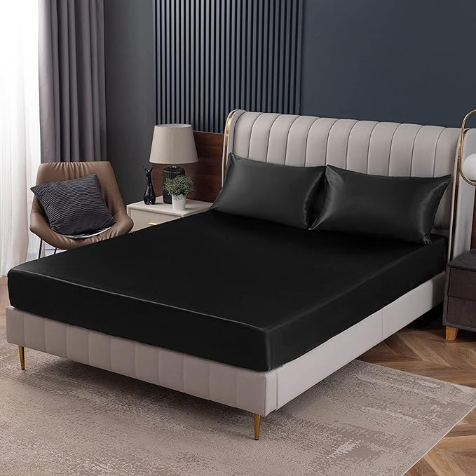 Homiest Black Satin Fitted Twin XL Size Deep Pocket Luxury & Ultra Soft Bedding by Homiest