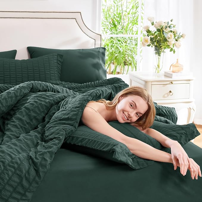 CozyLux Oversized King Comforter Set Forest Green Seersucker 7 Pieces 120x98 - Image 7