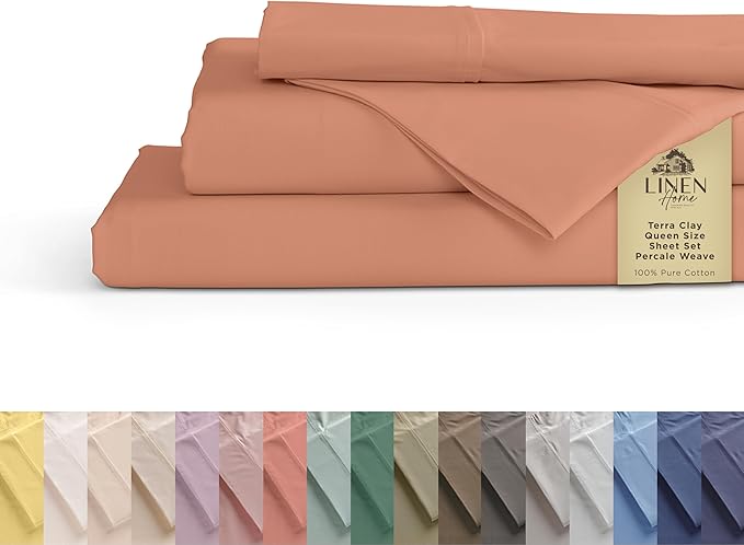 Linen Home 100% Cotton Percale Sheets Queen Size, Tera Clay, Deep Pocket by LINENHOME