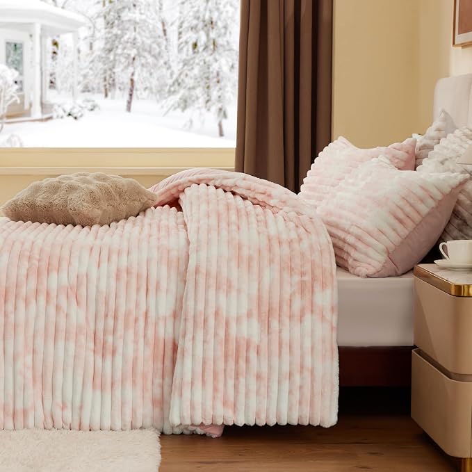 BEDELITE Fleece Full Comforter Set -Super Soft & Warm Fluffy Pink&White Bedding - Image 4