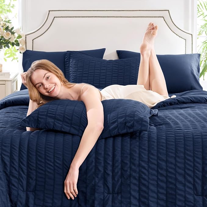 CozyLux King Size Comforter Set Navy Blue Seersucker 7 Pieces Bed in a Bag King - Image 3
