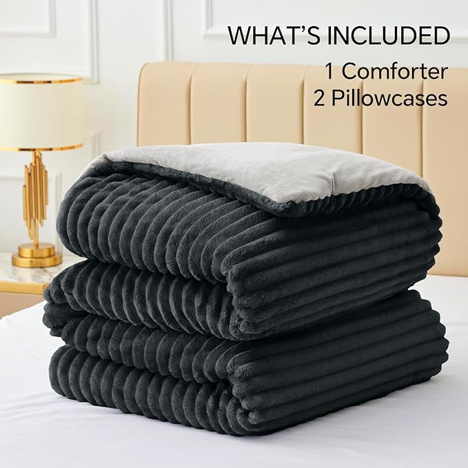 BEDELITE Fleece Queen Comforter Set -Super Soft & Warm Fluffy Black Bedding - Image 6