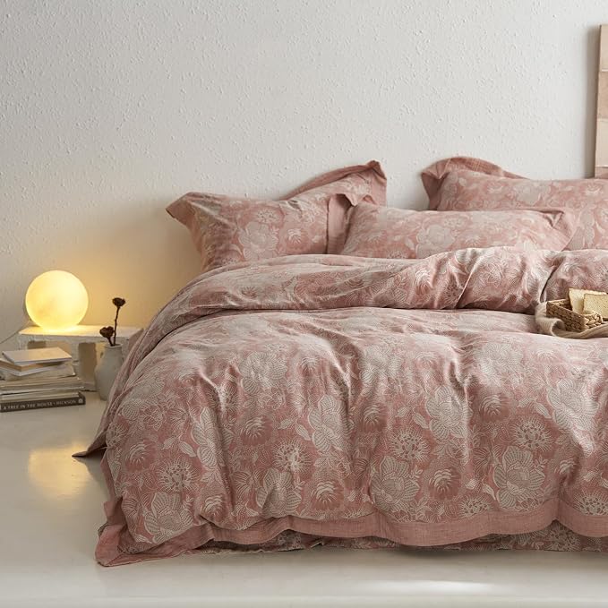 mixinni Duvet Cover King, Premium Cotton Double-Layer Yarn Pink Floral Jacquard by mixinni