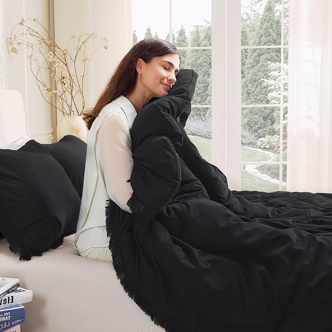 Andency Black Comforter Set Twin Size, 2 Pieces Boho Tassel Lightweight Bedding - Image 9