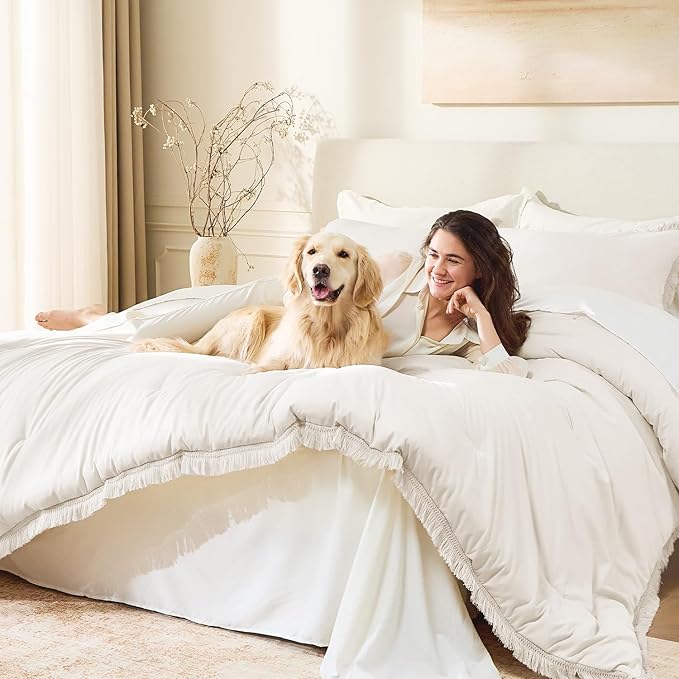 Andency Oversized King Size Comforter Set Beige 128x120, 3 Pieces Boho Soft - Image 5