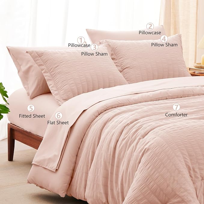 CozyLux Oversized King Comforter Set Blush Pink Seersucker 7 Pieces 120x98 Bed - Image 8