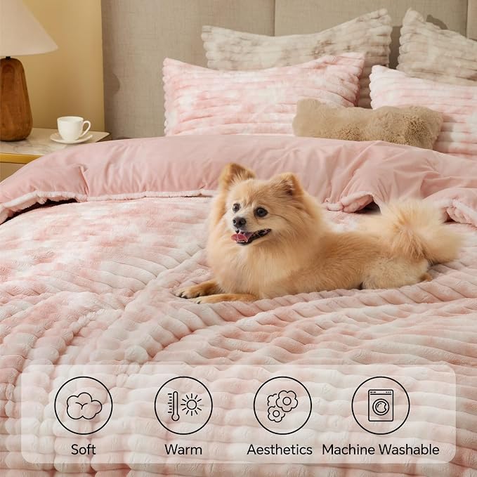BEDELITE Fleece King Comforter Set -Super Soft & Warm Fluffy Pink&White Bedding - Image 3