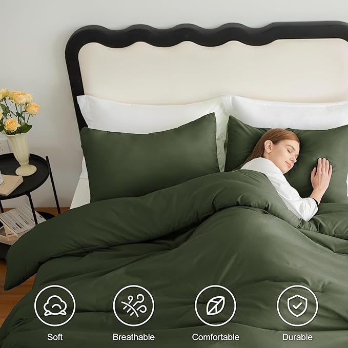 CozyLux Queen Comforter Set Olive Green, 3 Pieces Solid Comforters Queen Size - Image 5