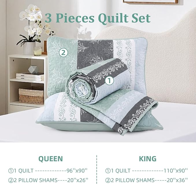 DJY Stripe Quilt Set King Size Sage Green Bedspread Coverlet Set 3 Pieces Boho - Image 8