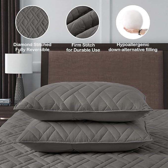 HORIMOTE HOME Quilt Set King Size Grey, Classic Geometric Diamond Stitched - Image 4