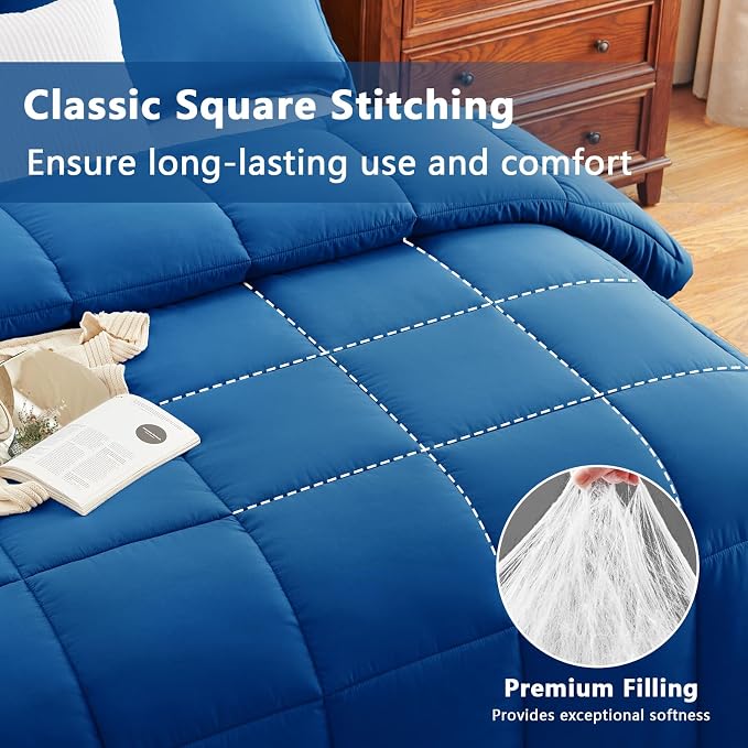 CozyLux Oversized Queen Comforter Set, 3 Pieces Classic Blue 98x98 Box Stitched - Image 2