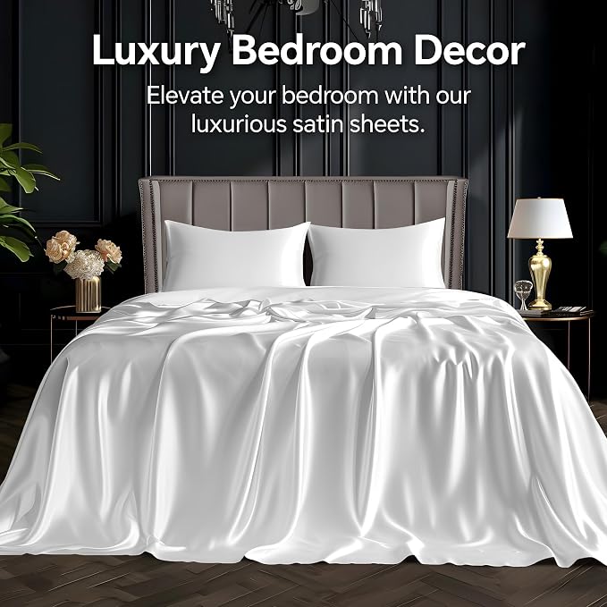 BEDELITE Satin Sheets Full Size Bed Set, Luxury Soft White Silky Sheet - Image 2