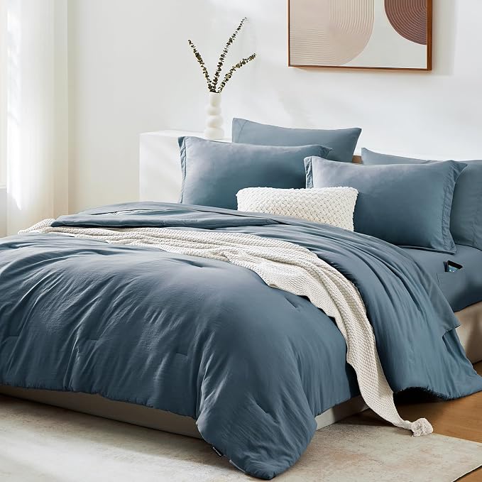 WRENSONGE Full Size Comforter Sets, 7 Pieces Oxford Blue Bed in a Bag - Image 2