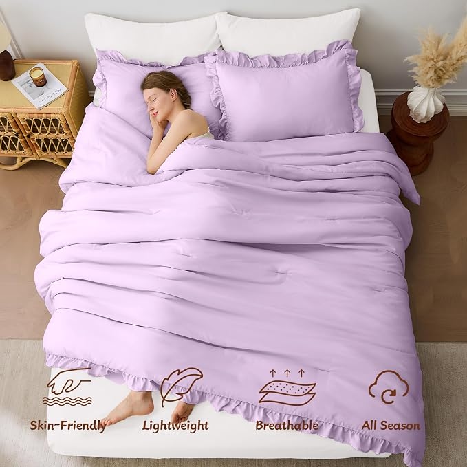 FUANNA Queen Comforter Set Lavender, 3 Pieces Ruffle Queen Bed Set, Fluffy Bed - Image 2