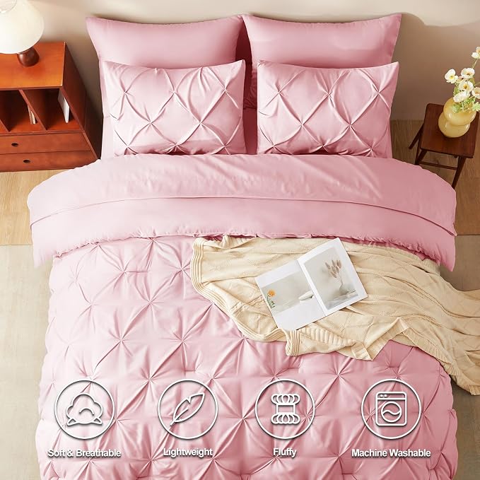 HIMEET Pintuck Bed in a Bag, 5 Pieces Twin XL Comforter Set Pink, Extra Long - Image 2