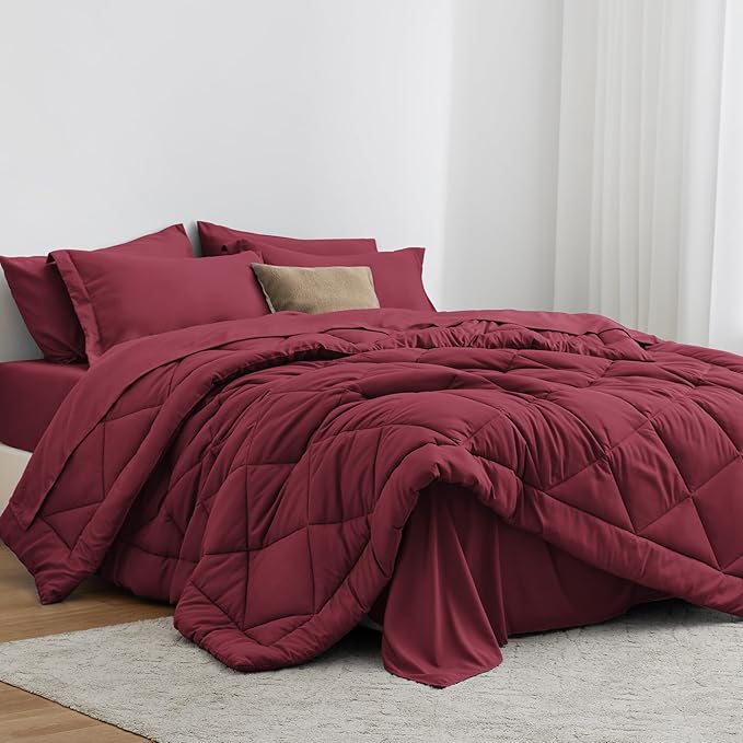 Love's cabin King Size Comforter Set Burgundy, 7 Pieces King Bed in a Bag by Lovescabin