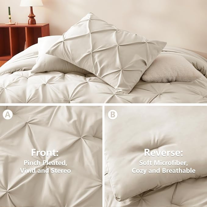 HIMEET Pintuck Bed in a Bag, 7 Pieces King Size Comforter Set Beige, Luxury - Image 3
