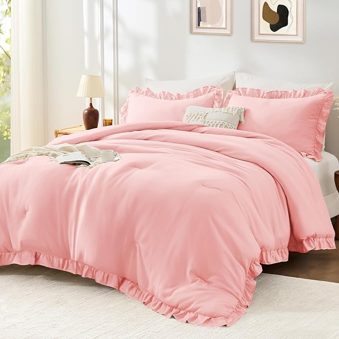 FUANNA Pink Queen Comforter Set, 3 Pieces Ruffle Queen Bed Set, Fluffy Bed in a by FUANNA