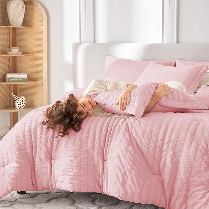MUXHOMO 7 Pieces Queen Comforter Set, Seersucker Bed in a Bag Queen Size - Image 7