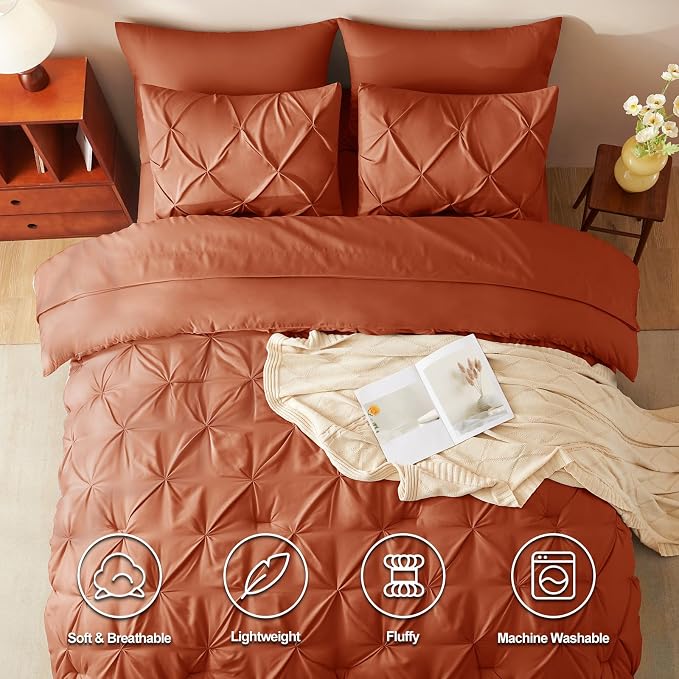HIMEET Pintuck Bed in a Bag, 7 Pieces King Size Comforter Set Burnt Orange - Image 2