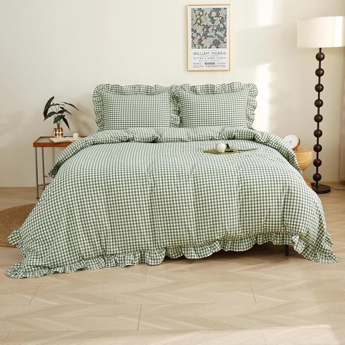Silnuo Sage Green/White Plaid Ruffle Duvet Cover King Size, 100% Washed Cotton by Silnuo
