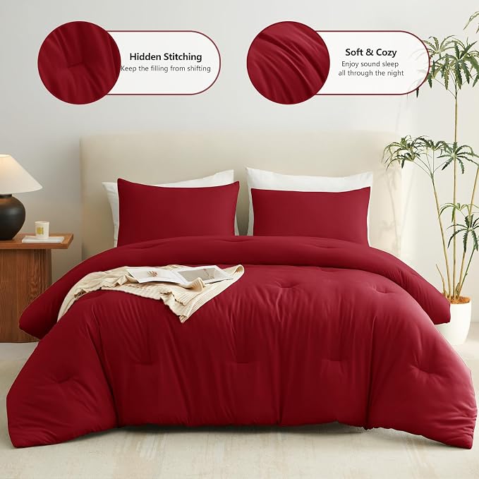 CozyLux King Size Comforter Set Dark Red, 3 Pieces Solid Comforters King Size - Image 2