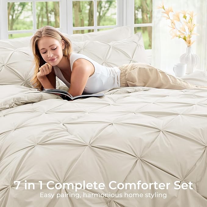 Sasttie King Size Comforter Set, 7-Piece Bed in a Bag, Pintuck Bedding Set - Image 6