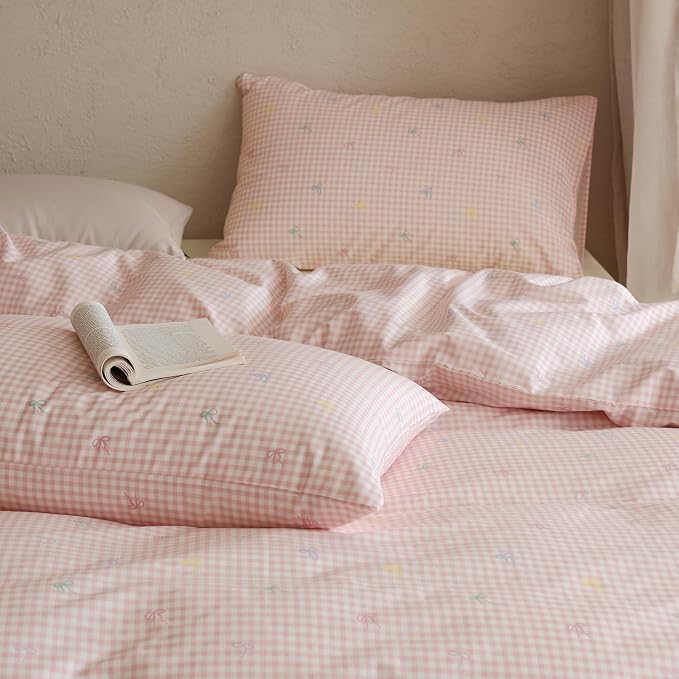 mixinni Gingham Duvet Cover Full Size, 100% Cotton Light Pink and White Gingham - Image 5