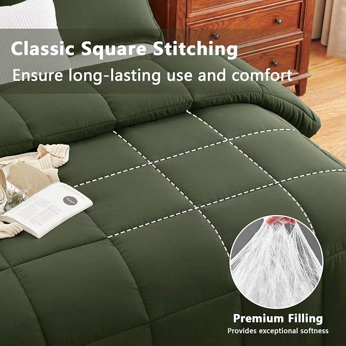 CozyLux Oversized Queen Comforter Set, 3 Pieces Olive Green 98x98 Box Stitched - Image 2