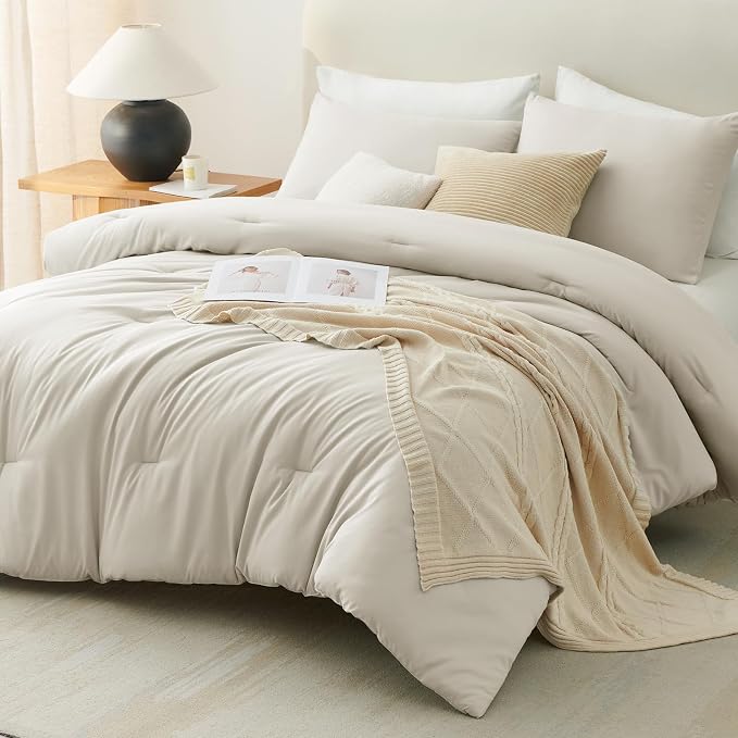 CozyLux Oversized Queen Comforter Set Beige, 3 Pieces 98x98 Solid Breathable - Image 9