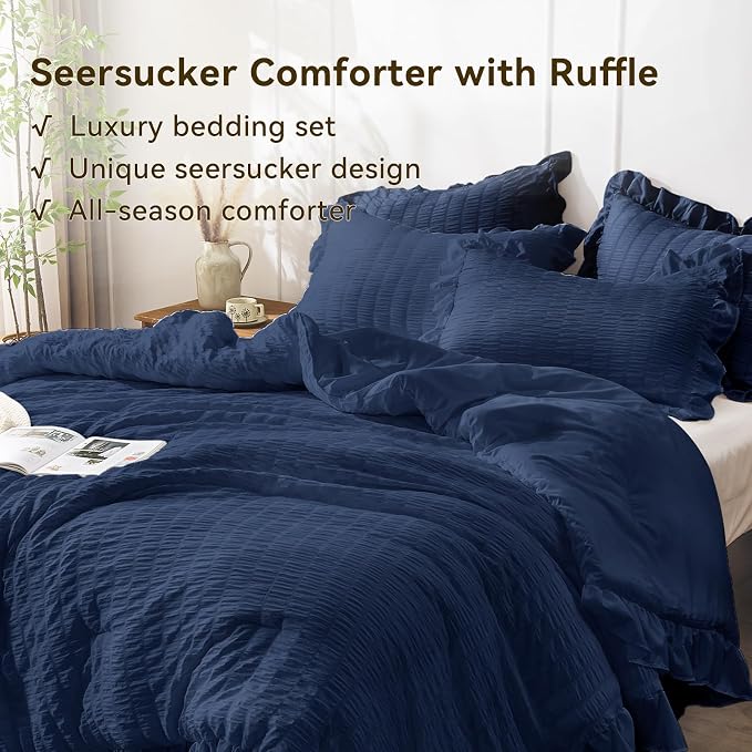 JOLLYVOGUE Navy Blue Queen Comforter Set, 3 Pieces Seersucker Comforters Queen - Image 4